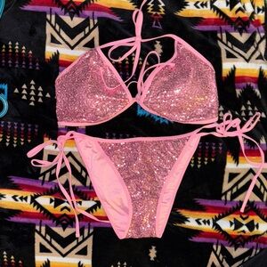 Blackmilk Museum Pink Sequin Strappy Bikini Top L Bottom XL